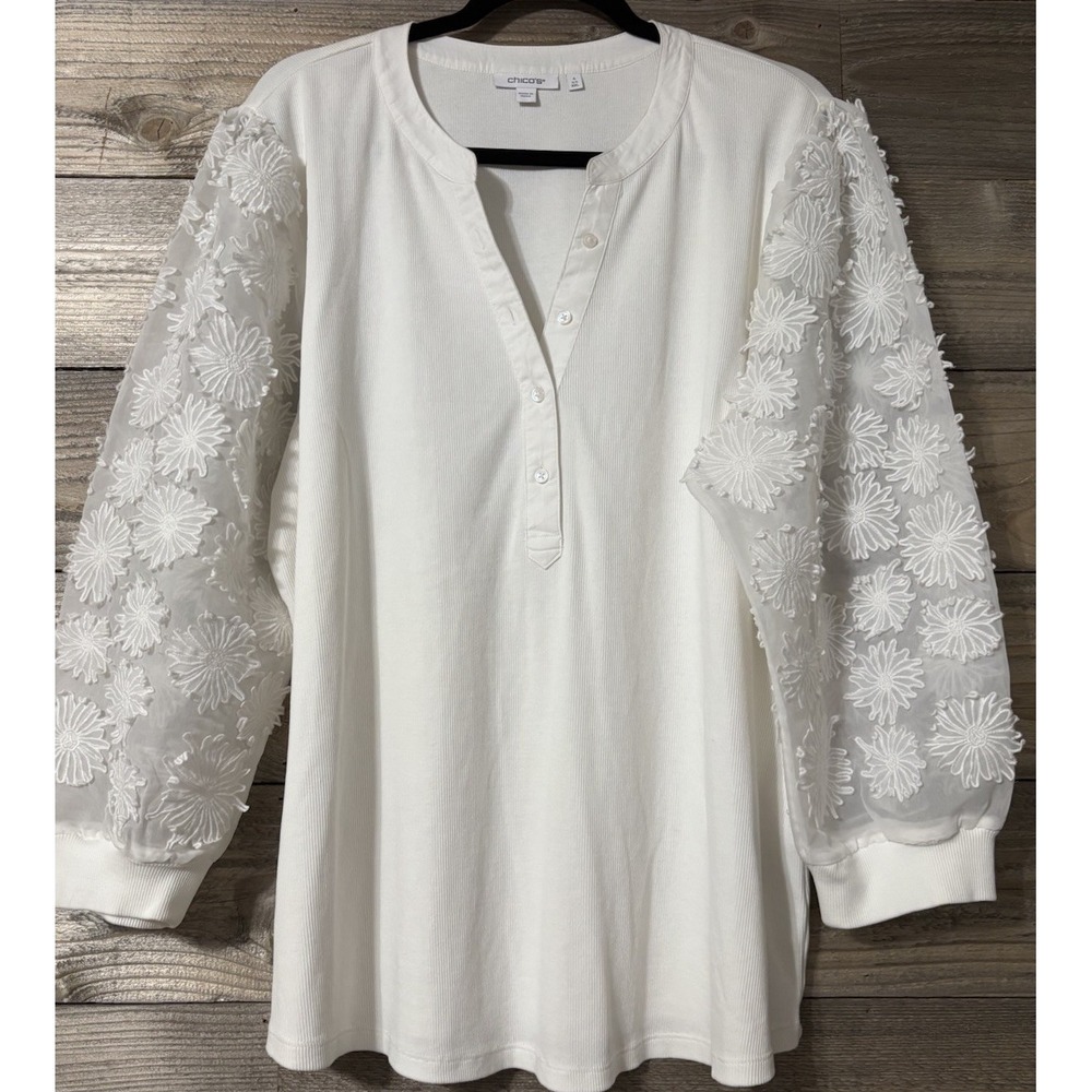 Chicos Shirt 3D Floral 3/4 Sleeve Ribbed Henley Shirt White Size XXL (4)